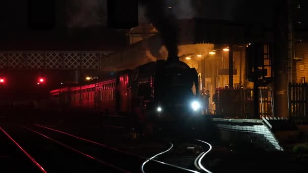 Replica Steam Engine Train Enthusiasts Station Night — Stock Video