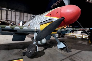 Messerschmitt Bf 109, Focke-Wulf Fw 190 ile birlikte Alman savaş uçağı. Yorkshire Hava Müzesi. Elvington. York İngiltere.