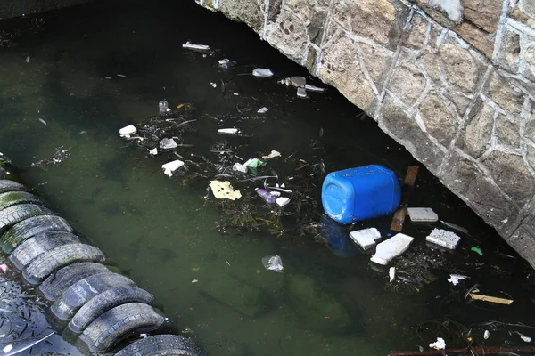 Waste and rubbish floating in harbour at high tide on the east coast of Yorkshire. UK.