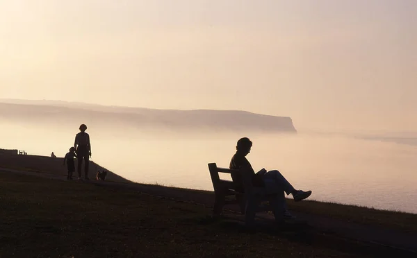 People in silhouette sitting on seats in evening light on a cliff top on  the east coast of Yorkshire, UK.