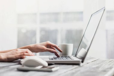 Ofiste dizüstü bilgisayar kullanan iş kadını, evde çalışan genç kadın, çevrimiçi öğrenim, internet pazarlama, evden ve serbest çalışma kavramından çalışma 