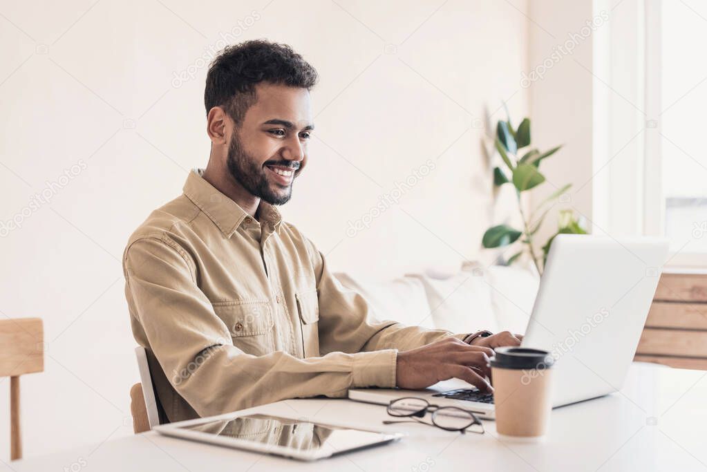 man student working on computer, businessman using laptop at home, Internet marketing, freelance work, distance education, working at home, online learning, studying concept
