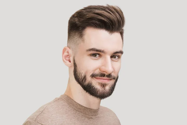 Handsome Smiling Young Man Isolated Gray Background Closeup Portrait Laughing — Stock Photo, Image