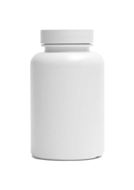 Paket hapları için bir plastik kutunun fotoğrafı ve beyaz arka planda sağlıklı bir yaşam sürenler için vitaminler.