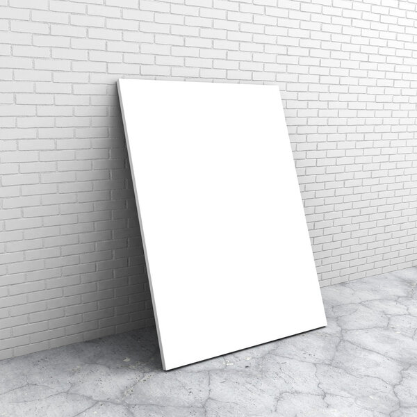 White blank banner on brick wall. 3d render illustration