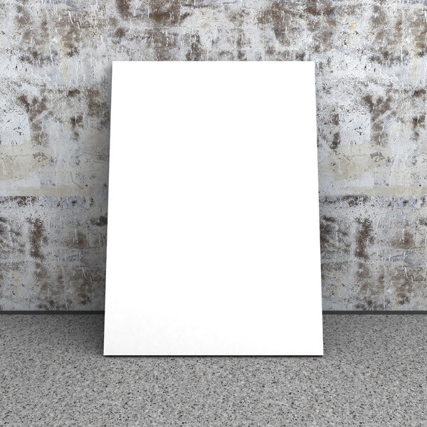 Blank white banner on cracked concrete wall. 3d render illustration
