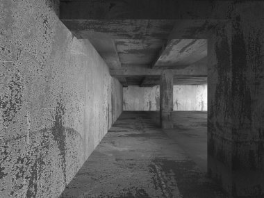 Karanlık boş beton odası iç.