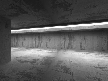 Karanlık beton kentsel oda iç.