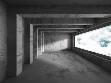 Büyük gökyüzü penceresine karanlık beton boş oda