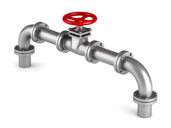 Röda ventilen och metalliska pipeline — Stockfoto