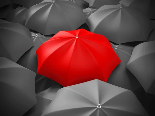 Červený deštník ven z davu — Stock fotografie