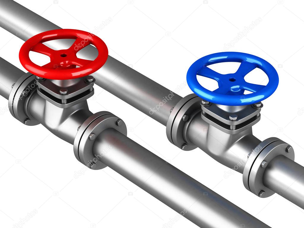 Cold, hot water pipelines with red, blue valves 