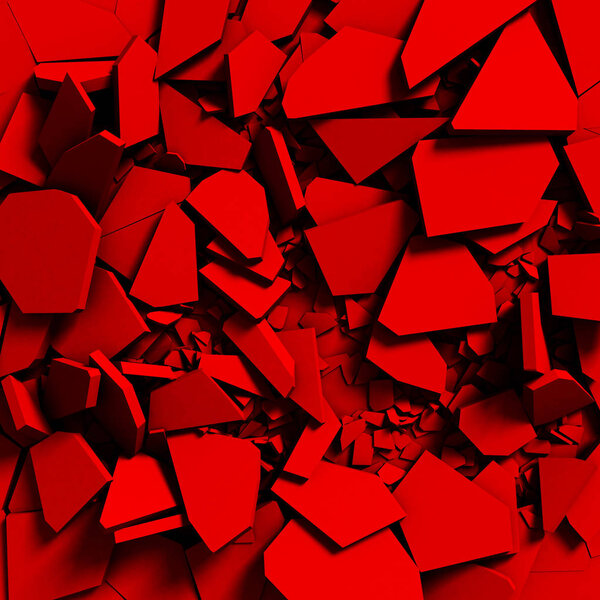 Red chaotic fragments of wall. Abstract background. 3d render illustration