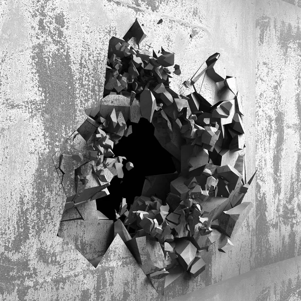 Трещина в бетонной стене с отверстием для взрыва — стоковое фото