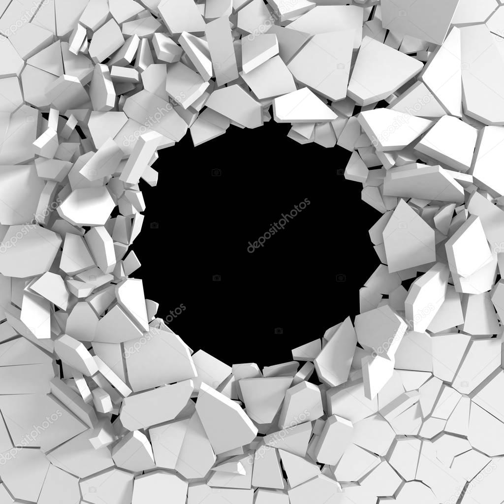 Explosion of broken white wall