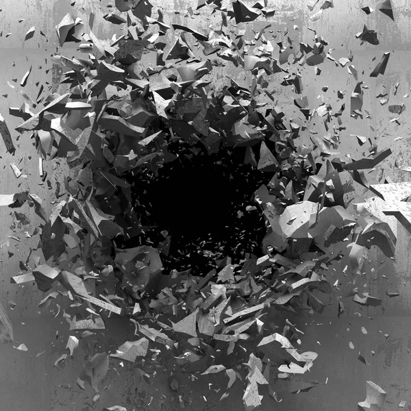 Dark explosion hole of concrete old wall — Stock Photo, Image