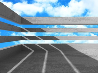 Beton oda duvar inşaat bulutlu gökyüzü arka plan üzerinde. 3D render illüstrasyon