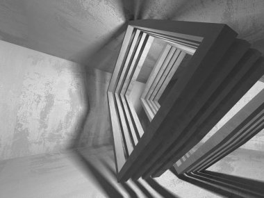 Karanlık boş oda. Beton duvarlar paslı. Mimari grunge arka plan. 3D render illüstrasyon