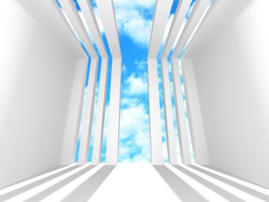 Gökyüzü penceresine sahip boş beyaz oda iç. 3D render illüstrasyon