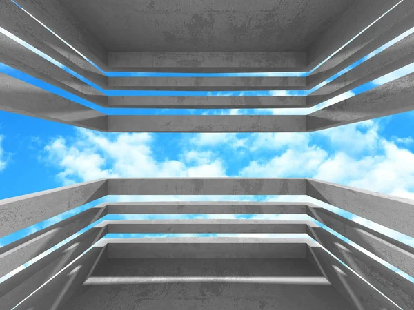 Beton oda duvar inşaat bulutlu gökyüzü arka plan üzerinde. 3D render illüstrasyon