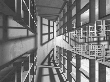 Karanlık boş oda. Beton duvarlar paslı. Mimari grunge arka plan. 3D render illüstrasyon