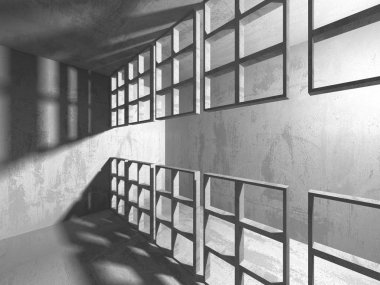 Karanlık Bodrum boş odası iç. Beton duvarlar. Mimari arka plan. 3D render illüstrasyon