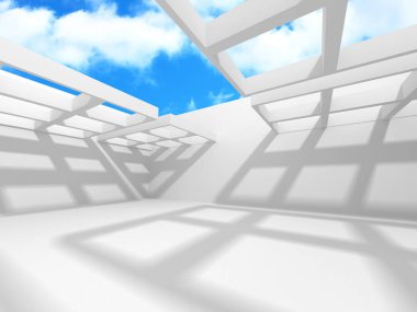 Gökyüzü penceresine sahip boş beyaz oda iç. 3D render illüstrasyon