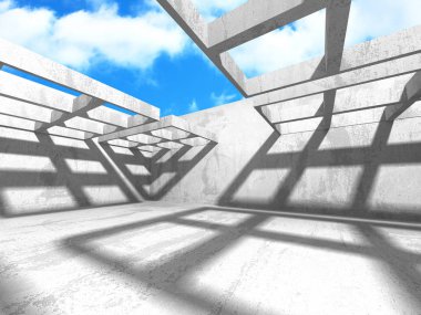 Beton oda duvar inşaat bulutlu gökyüzü arka plan üzerinde. 3D render illüstrasyon