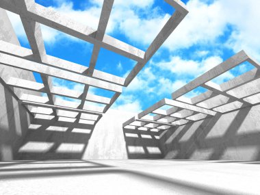 Beton oda duvar inşaat bulutlu gökyüzü arka plan üzerinde. 3D render illüstrasyon