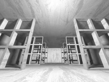 Karanlık boş oda. Beton duvarlar paslı. Mimari grunge arka plan. 3D render illüstrasyon