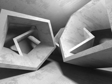 Karanlık boş oda. Beton duvarlar paslı. Mimari grunge arka plan. 3D render illüstrasyon