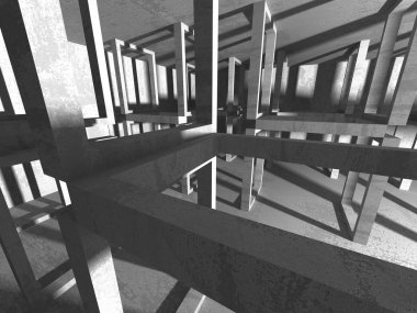 Karanlık boş oda. Beton duvarlar paslı. Mimari grunge arka plan. 3D render illüstrasyon