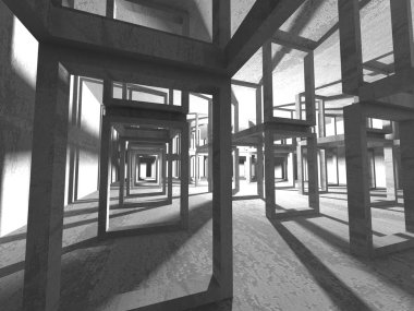 Karanlık beton boş oda. Modern mimari tasarım. Kentsel dokulu arka plan. 3D render illüstrasyon