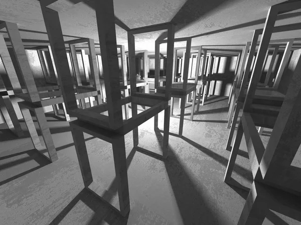 Karanlık boş oda. Beton duvarlar paslı. Mimari grunge arka plan. 3D render illüstrasyon