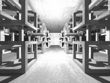 Karanlık boş oda. Beton duvarlar paslı. Mimari grunge arka plan. 3D render illüstrasyon