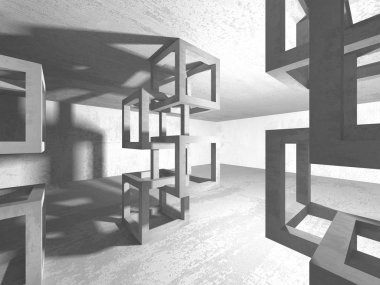 Karanlık beton boş oda. Modern mimari tasarım. Kentsel dokulu arka plan. 3D render illüstrasyon