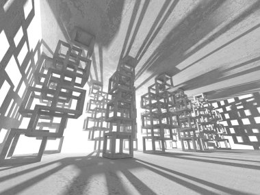 Karanlık beton boş oda. Modern mimari tasarım. Kentsel dokulu arka plan. 3D render illüstrasyon