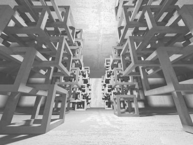 Karanlık boş oda. Beton duvarlar paslı. Mimari grunge arka plan. 3D render illüstrasyon