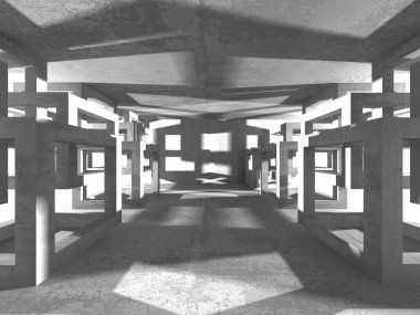 Karanlık beton boş oda. Modern mimari tasarım. Kentsel dokulu arka plan. 3D render illüstrasyon