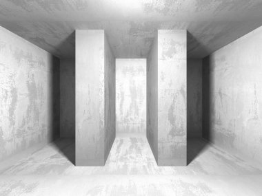 Karanlık boş oda. Beton duvarlar paslı. Mimari grunge arka plan. 3D render illüstrasyon