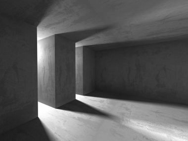 Karanlık beton boş oda. Modern mimari tasarım. Kentsel dokulu arka plan. 3D render illüstrasyon