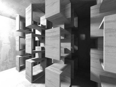 Karanlık beton boş oda. Modern mimari tasarım. Kentsel dokulu arka plan. 3D render illüstrasyon