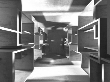 Karanlık boş oda. Beton duvarlar paslı. Mimari grunge arka plan. 3D render illüstrasyon