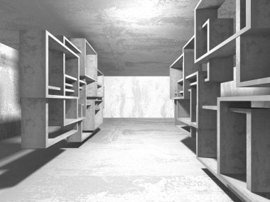 Karanlık beton boş oda. Modern mimari tasarım. Kentsel dokulu arka plan. 3D render illüstrasyon