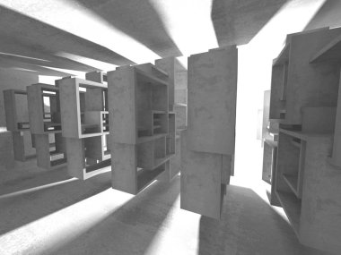 Karanlık beton boş oda. Modern mimari tasarım. Kentsel dokulu arka plan. 3D render illüstrasyon