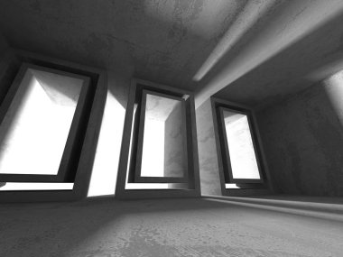 Karanlık boş oda. Beton duvarlar paslı. Mimari grunge arka plan. 3D render illüstrasyon