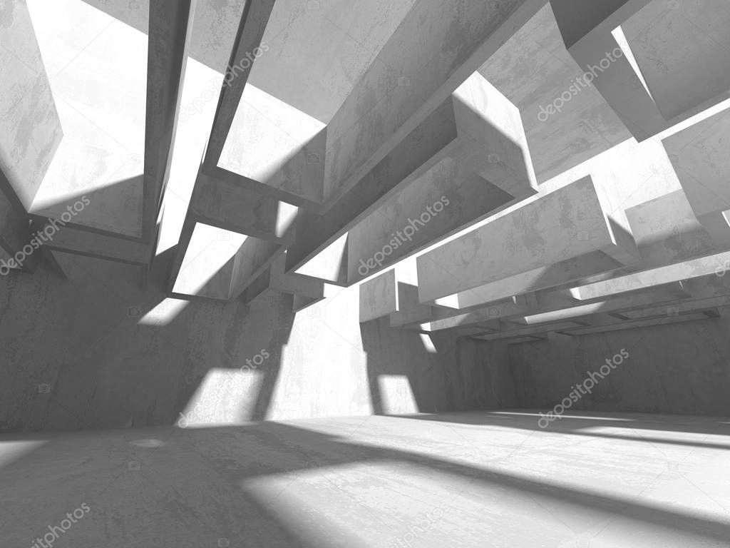 Dark empty room. Concrete rusty walls. Architecture grunge background. 3d render illustration