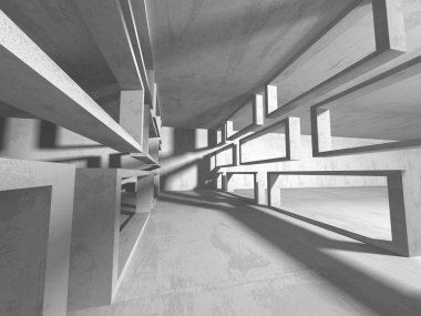 Karanlık boş oda. Beton duvarlar paslı. Mimari grunge arka plan. 3D render illüstrasyon