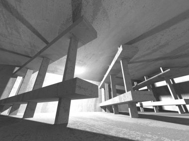 Karanlık Bodrum boş odası iç. Beton duvarlar. Mimari arka plan. 3D render illüstrasyon