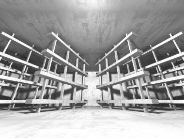 Karanlık boş oda. Beton duvarlar paslı. Mimari grunge arka plan. 3D render illüstrasyon